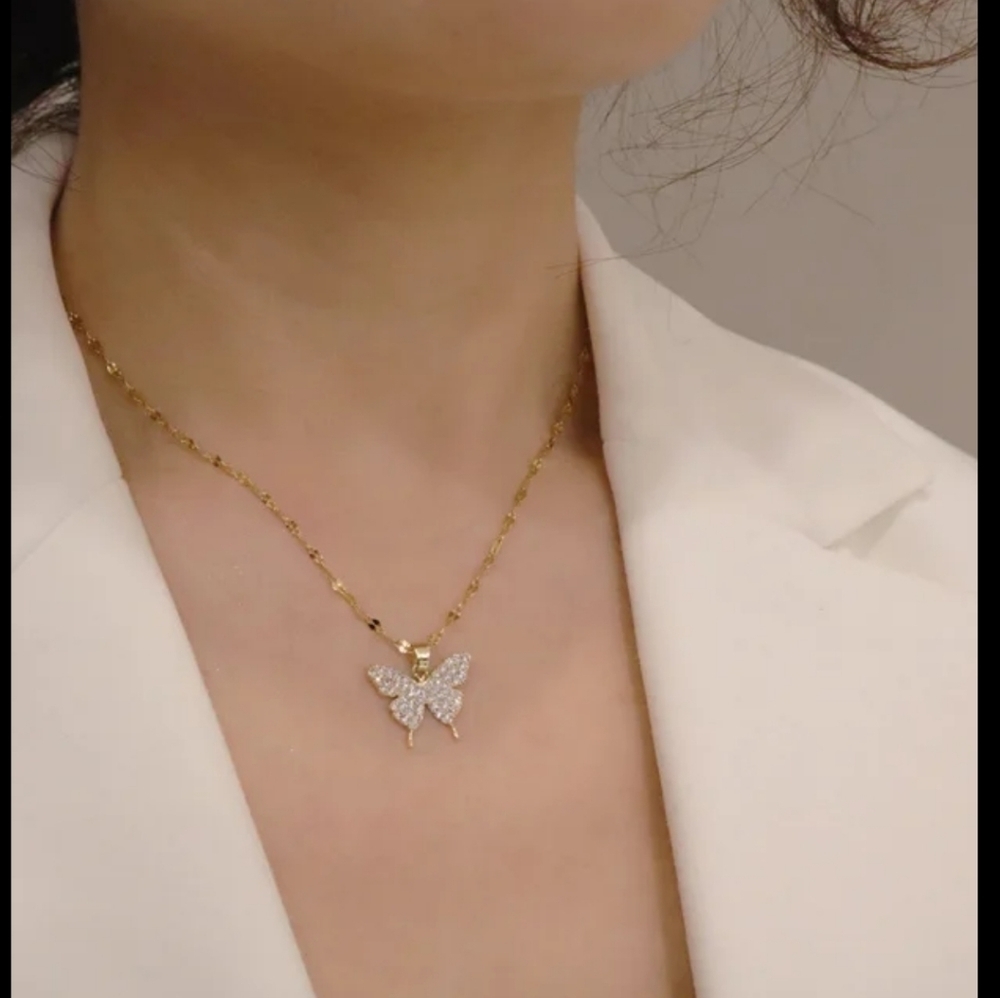 Gold Butterfly Pendant Necklace Crystal Rhinestone Delicate Dainty Minimalist